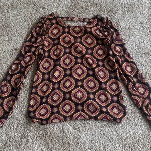LOFT Blue and Red Paisley Graphic Ruffled Blouse